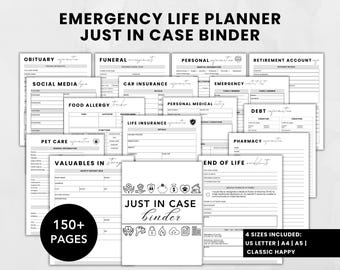 Pode incluir: Um planejador imprimível preto e branco com o título "Emergency Life Planner Just In Case Binder". O planejador inclui páginas para informações importantes como obituário, arranjos fúnebres, mídia social, seguro de carro, rastreador de alergia alimentar, seguro de vida, informações pessoais, lista médica pessoal, conta de aposentadoria, informações de dívidas, cuidados com animais de estimação, objetos de valor em armazenamento, informações de farmácia e folhas de trabalho de fim de vida. O planejador está disponível em quatro tamanhos: US Letter, A4, A5 e Classic Happy.