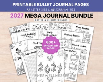 2027 Journal Planner Bundle, Premade Bullet Journal, Monthly Yearly Tracker PDF, Bujo Habit, Mood, ADHD, Self-Care, Reading Log, Fitness, A5