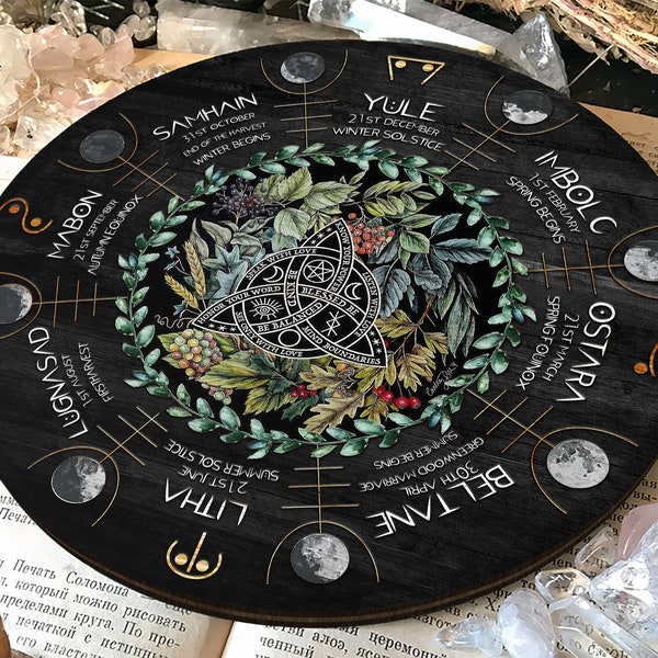 Pagan Wheel of the Year Calendar Black Goth, Wiccan Neo Pagan Sabbats, Moon Phases, Astrological Zodiac with Guide