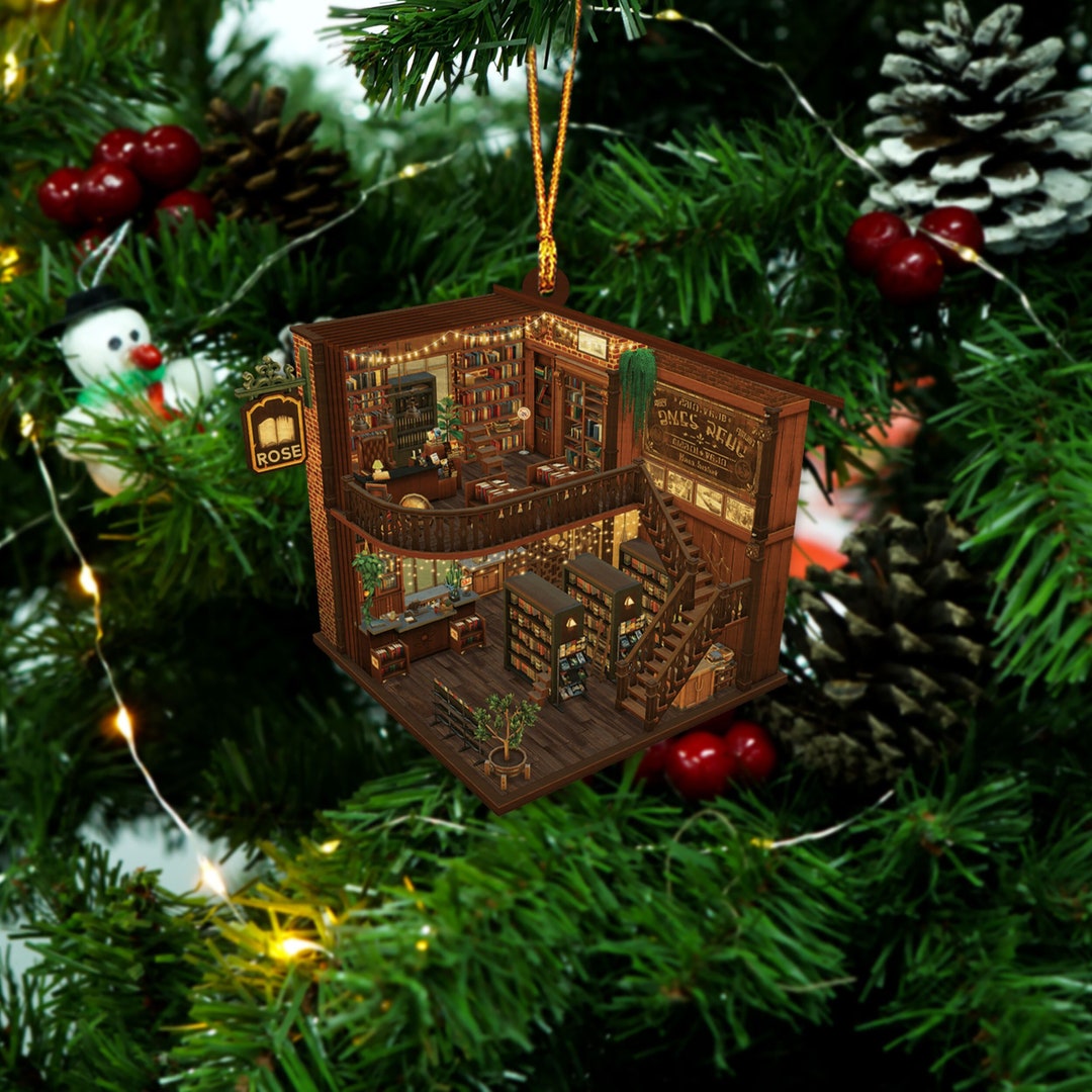 Personalized Book Store Ornament, Bookshelves Custom Wood Ornaments, Ornament for Book Lovers