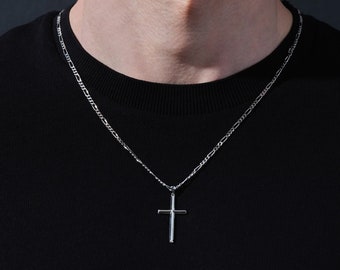 2.50 mm Figaro Chain Necklace with Cross Pendant / Silver Necklace for Men / Gold Necklace Gift for Dad / Everyday Necklace for Men