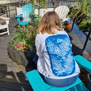 Size S Cyanotype Denim Jacket Ferns (oversized), upcycled women&#39;s clothing, denim, alternative photography, sunprint