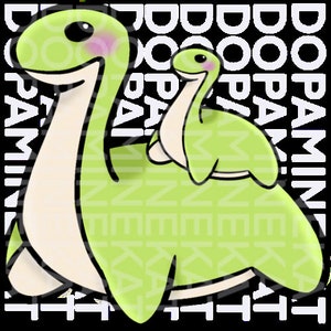 Può includere: Un dinosauro verde di cartone animato con un dinosauro verde più piccolo che gli cavalca la schiena. Entrambi i dinosauri hanno occhi neri e guance rosa.