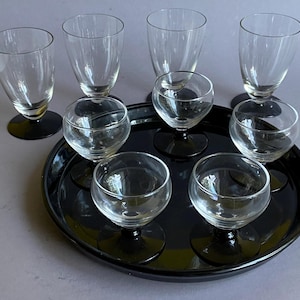 Vintage 1920s Dutch Glassware Set – 5 Liqueur Glasses, 4 Wine/Port Glasses & Matching Black Pressed Glass Tray