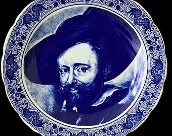 Vintage Delfts Blauw Bord: Handgeschilderd Rubens Portret | Gemaakt in Nederland, Nederland