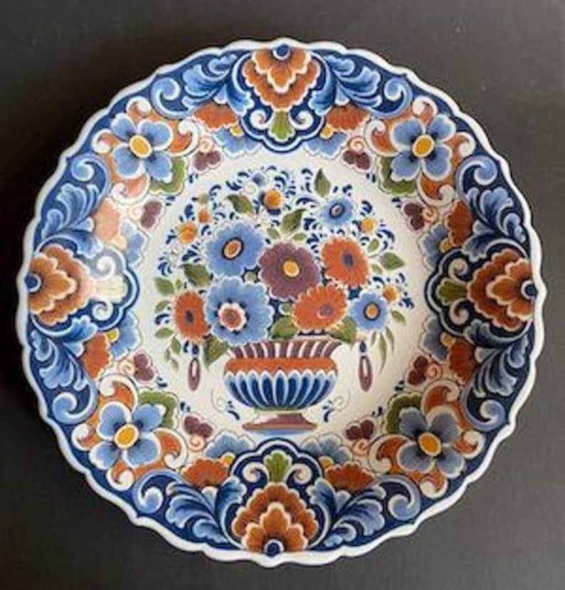 Delftware Floral Ceramic Plate - Polychrome Dutch Art Pottery with Bird & Flowers, Decorative Earthenware for Home Décor image 3