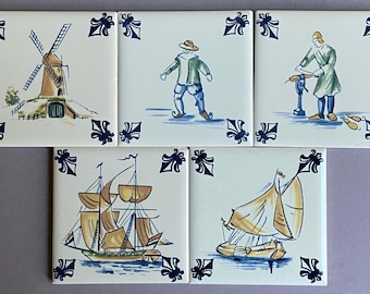 Set of  5 Delft Blue Coasters – Dutch Airline Business Class Collectibles with Windmills, Boats & People