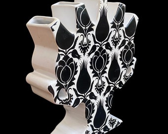 Tulip Flower Arrangement Vase, Black and White Art Vase, Delftware Vase Centerpiece.