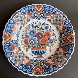 Delftware Floral Ceramic Plate - Polychrome Dutch Art Pottery with Bird & Flowers, Decorative Earthenware for Home Décor image 1