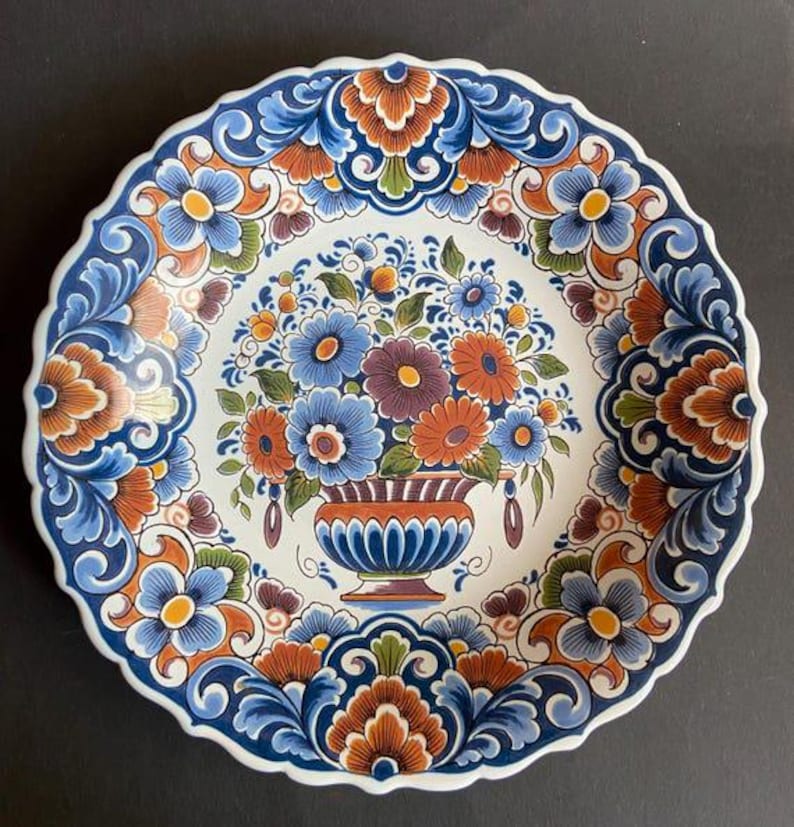 Delftware Floral Ceramic Plate - Polychrome Dutch Art Pottery with Bird & Flowers, Decorative Earthenware for Home Décor image 1