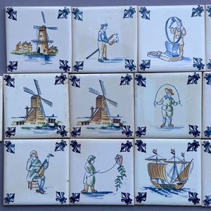 Set of 13 Delft Blue Coasters – Dutch Airline Business Class Collectibles with Windmills, Boats & People