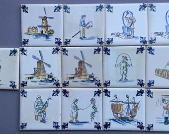 Set of 13 Delft Blue Coasters – Dutch Airline Business Class Collectibles with Windmills, Boats & People