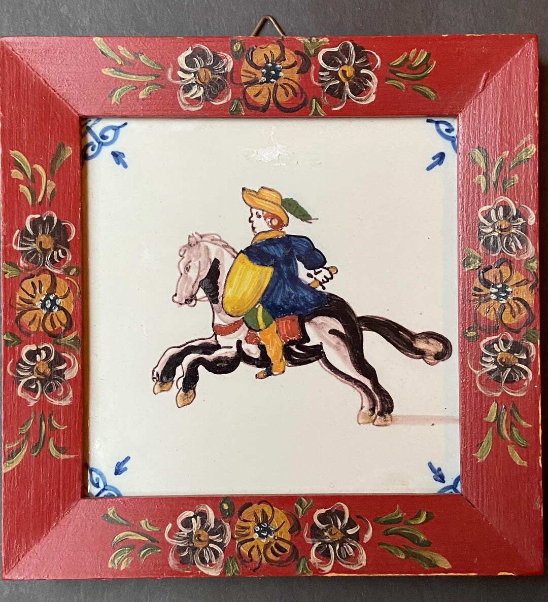 Man Riding Horse Artsy Wall Tile, Folkart Handpainted Floral Wall Tile ...