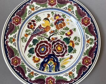 デルフト陶器の花柄陶板 - 鳥と花のデザインが施された多色オランダ