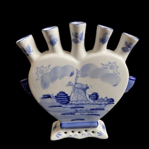 Tulip Flower Arrangement Vase, Blue And White Dutch Art Vase, Delftware Vase Centerpiece, Several Spouts/Multi Hole Flower Vase