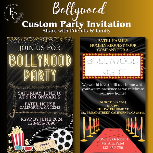 Custom Bollywood Party Invitation | Theme Party Invite | Animated Invitation Cards | Video Party Invites | Bollywood Night | Movie Night