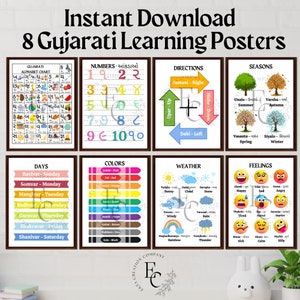 Paquete de 8 carteles de aprendizaje gujarati / Aprendizaje educativo / Arte de pared para niños / Póster de sala de juegos / Gráfico de alfabetos / Sala de juegos / Guardería / Decoración