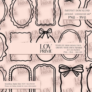 May include: A collection of black line art frames in various shapes, including oval, rectangular, and bow-shaped designs, against a soft pink background. The image includes text that reads "LOV PRIME" and "INSTANT DOWNLOAD".