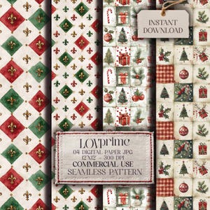 May include: Digital paper pack featuring four distinct patterns. Two patterns showcase red and green diamond shapes with gold fleur-de-lis accents. The other two patterns display Christmas-themed squares with gifts, trees, and ornaments. The tag reads "Instant Download".