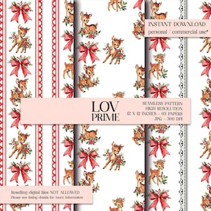 Pode incluir: Padrões digitais sem costura com veados com detalhes florais e laços vermelhos em fundo branco. Os padrões incluem listras vermelhas e bordas decorativas. A imagem inclui o texto "DOWNLOAD INSTANTÂNEO" e "12 x 12 polegadas".