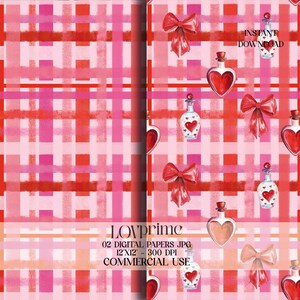 Pode incluir: Conjunto de papel digital com um padrão xadrez rosa e vermelho, adornado com ilustrações em aquarela de garrafas em forma de coração, laços e corações. O texto "INSTANT DOWNLOAD" é visível. O texto "LOVPRIME" e outros detalhes também estão presentes.