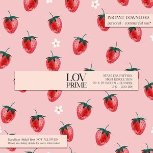 Pode incluir: Um padrão sem costura com morangos vermelhos em aquarela e pequenas flores brancas sobre um fundo rosa claro. O padrão, medindo 56 x 56 cm, é rotulado como "LOV PRIME". A imagem também inclui o texto "DOWNLOAD INSTANTÂNEO" e "PADRÃO SEM COSTURA".