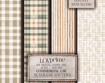 May include: Digital paper pack featuring various patterns, including plaid, stripes, and grid designs in neutral tones. The pack includes the text "INSTANT DOWNLOAD" and "LOVprime 04 DIGITAL PAPER JPG 12"X12" - 300 DPI COMMERCIAL USE SEAMLESS PATTERN".