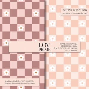 Pode incluir: Dois papéis digitais sem costura com um padrão xadrez. Um papel é em tons de rosa e castanho, e o outro em tons de rosa e pêssego. Cada quadrado contém uma flor branca com um centro dourado. O texto "LOV PRIME" é visível.