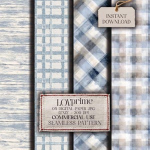 May include: Digital paper pack featuring various blue and white patterns, including wood grain, plaid, and grid designs. The image includes a tag that says "Instant Download" and a label that says "LOVprime 04 Digital Paper JPG 12"x12" - 300 DPI Commercial Use Seamless Pattern."
