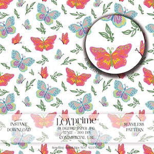Pode incluir: Um padrão de papel digital sem costura com borboletas coloridas em tons de rosa, amarelo e azul, com detalhes de folhas verdes sobre um fundo branco. O design inclui o texto "LOVprime" e "SEAMLESS PATTERN".