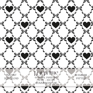 May include: A seamless digital paper pattern featuring a repeating design of black hearts and bows on a white background. The pattern is labeled "LOVprime" and includes the text "Instant Download", "01 Digital Paper JPG", "12 x 12 - 300 DPI", and "Commercial Use".