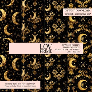 Pode incluir: Padrões digitais sem costura em preto e dourado. Os designs apresentam luas, estrelas e elementos florais ornamentados. Os padrões têm 30,48 cm x 30,48 cm e são de alta resolução.