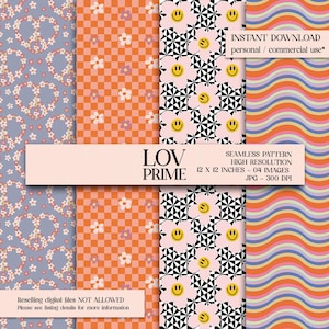 Pode incluir: São apresentados quatro padrões digitais sem costura. Os designs incluem um sinal de paz feito de flores, xadrez laranja, flores de carinha sorridente em preto e branco e linhas onduladas. O texto diz "LOV PRIME" e "12 x 12 polegadas" (30,48 x 30,48 cm).