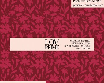 May include: A seamless floral pattern in shades of red. The design features stylized flowers and leaves on a deep red background. The image includes the text "LOV PRIME" and details about the digital download, including dimensions of 12 x 12 inches.