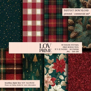 Digitalt julpapperskit – 8 sömlösa glitterplädar och blommönster – kommersiellt bruk