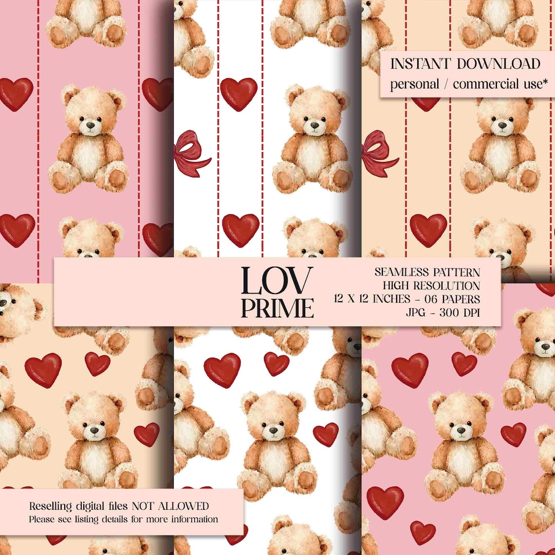 Valentines Teddy Bear Seamless Pattern – Cute Love Digital Paper ...