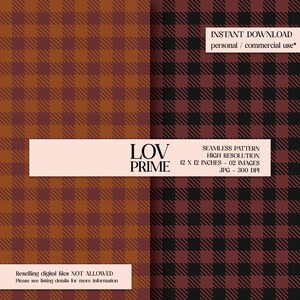 Pode incluir: Dois padrões digitais sem costura com um design xadrez. Um padrão é em tons de castanho e laranja, e o outro em preto e bordô. Os padrões medem 30,48 x 30,48 cm e são de alta resolução.