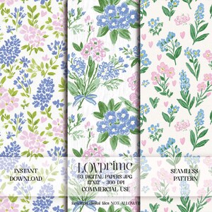 Pode incluir: Três designs de papel digital com padrões florais. Os padrões incluem flores rosa e azuis com folhas verdes sobre um fundo branco. O texto "INSTANT DOWNLOAD", "LOVPrime" e "SEAMLESS PATTERN" são visíveis.