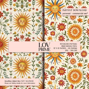 Pode incluir: Padrão digital sem costura com um design repetido de sóis sorridentes, flores e folhagens em tons de laranja, amarelo e verde sobre um fundo creme. O padrão está disponível em papéis de 30,48 x 30,48 cm.