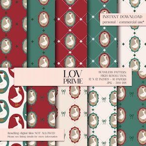 Pode incluir: Uma coleção de papéis digitais sem costura com um padrão repetido de um ganso usando um chapéu de Papai Noel dentro de uma moldura oval. Os papéis têm um design de grade de diamante com fundos vermelhos, verdes e creme. O texto "LOV PRIME" é visível.
