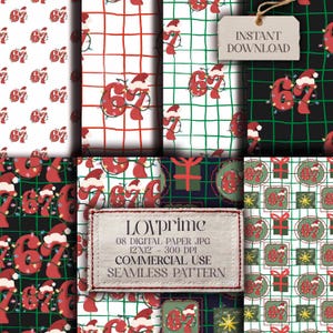 May include: A digital paper pack featuring various patterns with the number "67" in a festive Christmas theme. The patterns include the number "67" with Santa hats, string lights, and gift boxes. The pack includes the text "INSTANT DOWNLOAD" and "LOVprime".