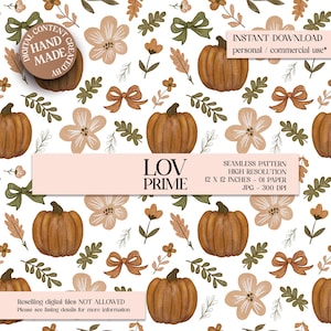 Pode incluir: Um padrão sem costura com abóboras, flores, laços e folhas em tons de castanho, verde e bege sobre um fundo branco. O padrão tem 30,48 x 30,48 cm. O texto inclui "LOV PRIME" e "INSTANT DOWNLOAD".