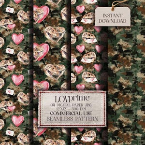 Pode incluir: Papel digital com um padrão de camuflagem com corações rosa, crânios de dinossauros e cartas de amor. O design inclui o texto "LOVprime" e "DOWNLOAD INSTANTÂNEO". O papel tem 30,48 x 30,48 cm e é adequado para uso comercial.