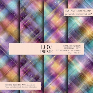 May include: Digital seamless pattern with a colorful, abstract design. The pattern features a blend of purple, blue, gold, and yellow hues with diagonal lines. The text on the image reads "LOV PRIME" and "INSTANT DOWNLOAD". The pattern is 12 x 12 inches.