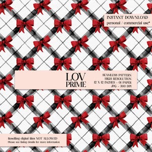 Pode incluir: Padrão sem costura com laços vermelhos sobre um fundo xadrez preto e branco. O design inclui o texto "LOV PRIME" e "INSTANT DOWNLOAD personal / commercial use*". O padrão tem 30,48 x 30,48 cm, JPG de alta resolução a 300 DPI.