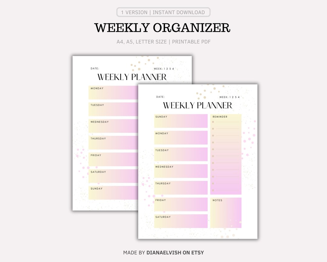 Weekly Planner Printable A4 Size A5 Size Letter Size - Etsy Hong Kong
