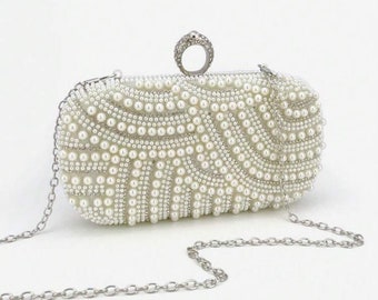 Pearl and silver Embellished wedding clutch bag - white and silver  bag - Bride to Be bag - bridal clutch bag - Pearl evening clutch bag