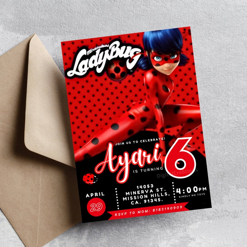 Self-editable 5x7 Miraculous Ladybug Party Invitation Birthday Invite ...