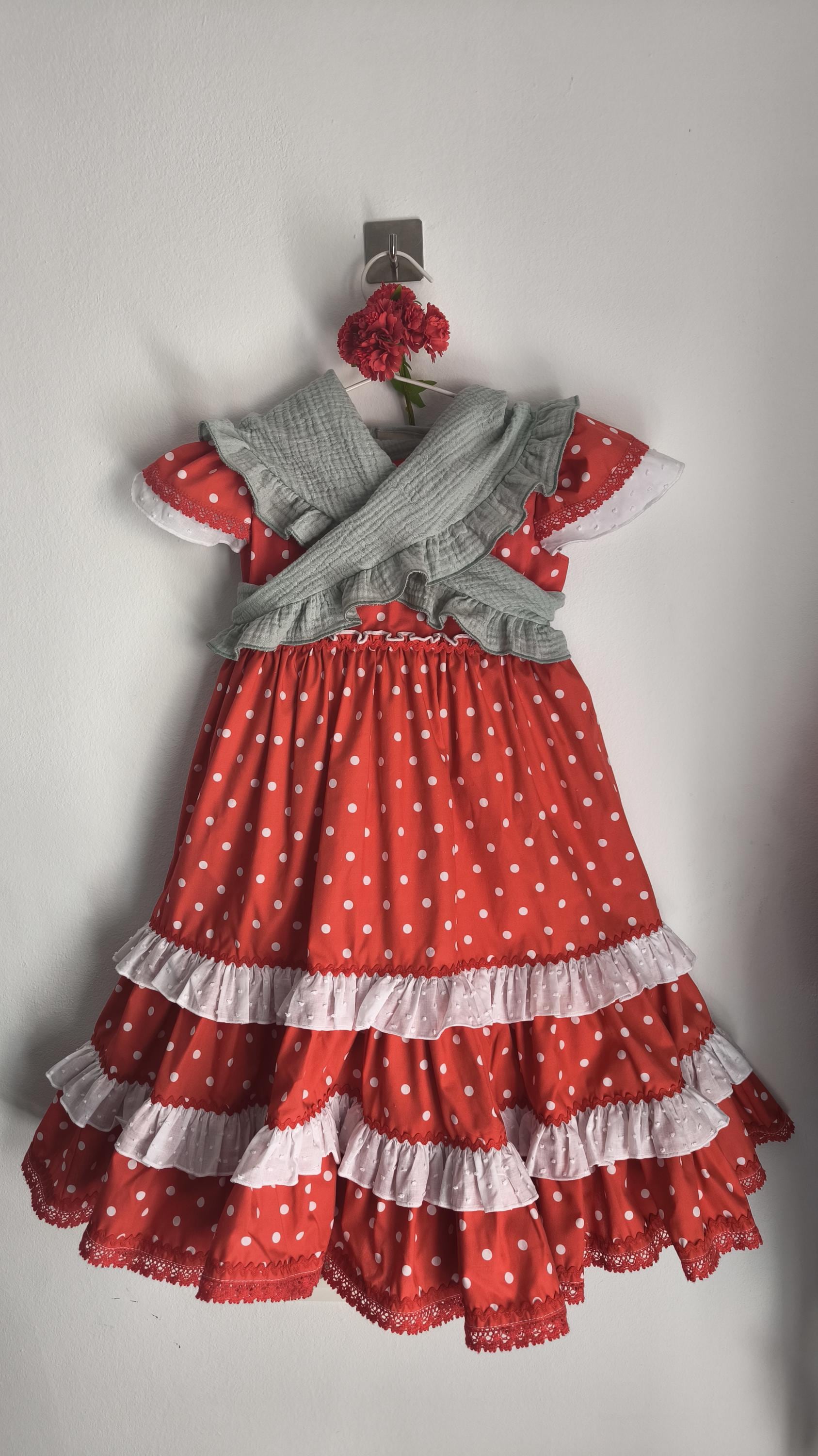 Flamencokleid für Mädchen, Flamencokleid aus Baumwolle, Flamencokleid für Kinder, rotes Sevillanas-Kleid, Flamencokleid mit Punkten