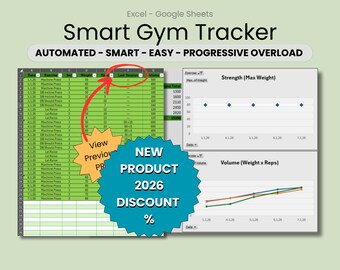 May include: A digital spreadsheet titled "Smart Gym Tracker" with data tables and graphs. The text "AUTOMATED - SMART - EASY - PROGRESSIVE OVERLOAD" is displayed. Includes a "NEW PRODUCT 2026 DISCOUNT %" badge.